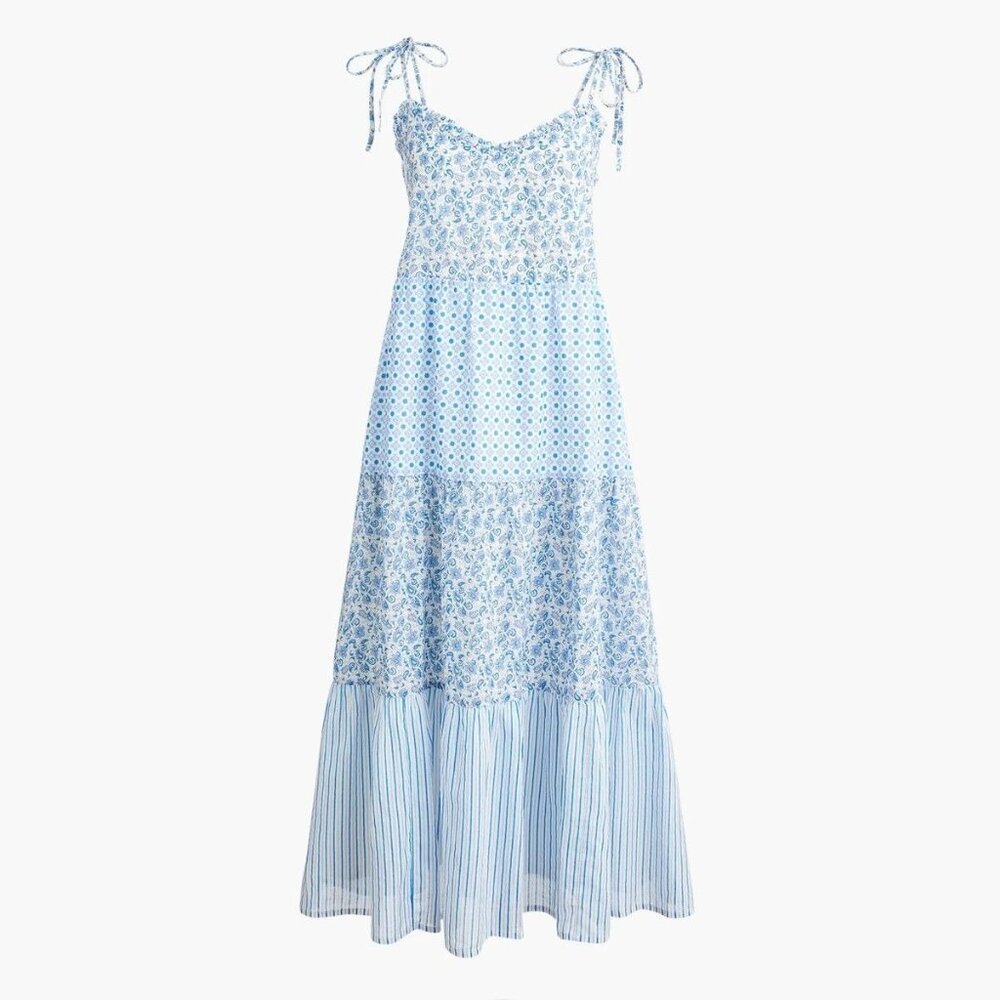 J.Crew Ruffle Tiered Dress Sleeveless Blue Floral Cotton Prairie Women XL
